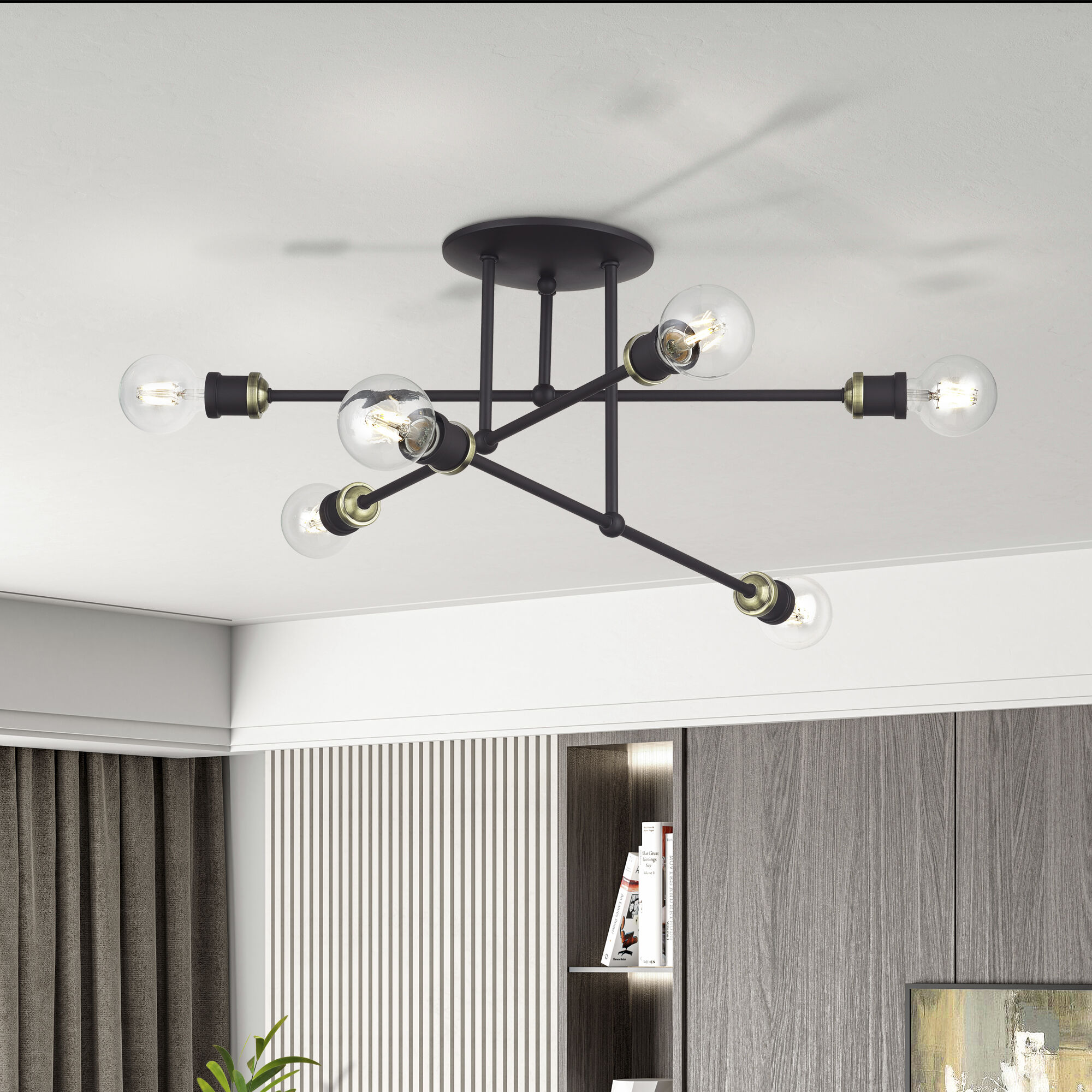 Delacroix 6 Light 28 inch Bronze with Antique Brass Accents Semi-Flush Ceiling Light