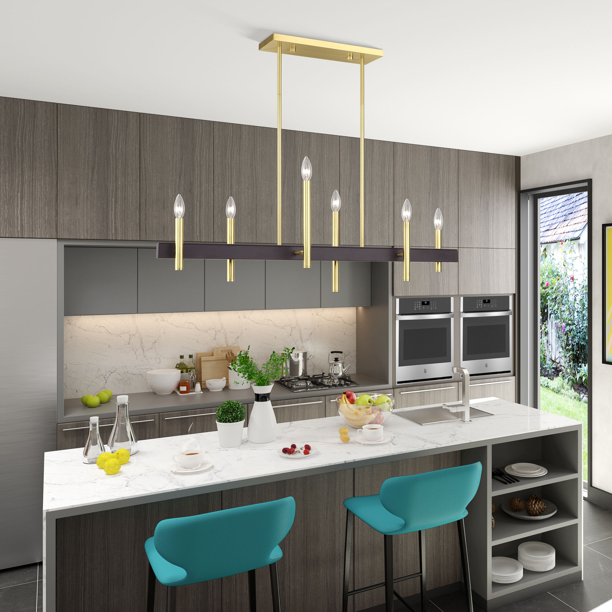 Denmark 6 Light 40 inch Satin Brass with Bronze Accents Linear Chandelier Ceiling Light