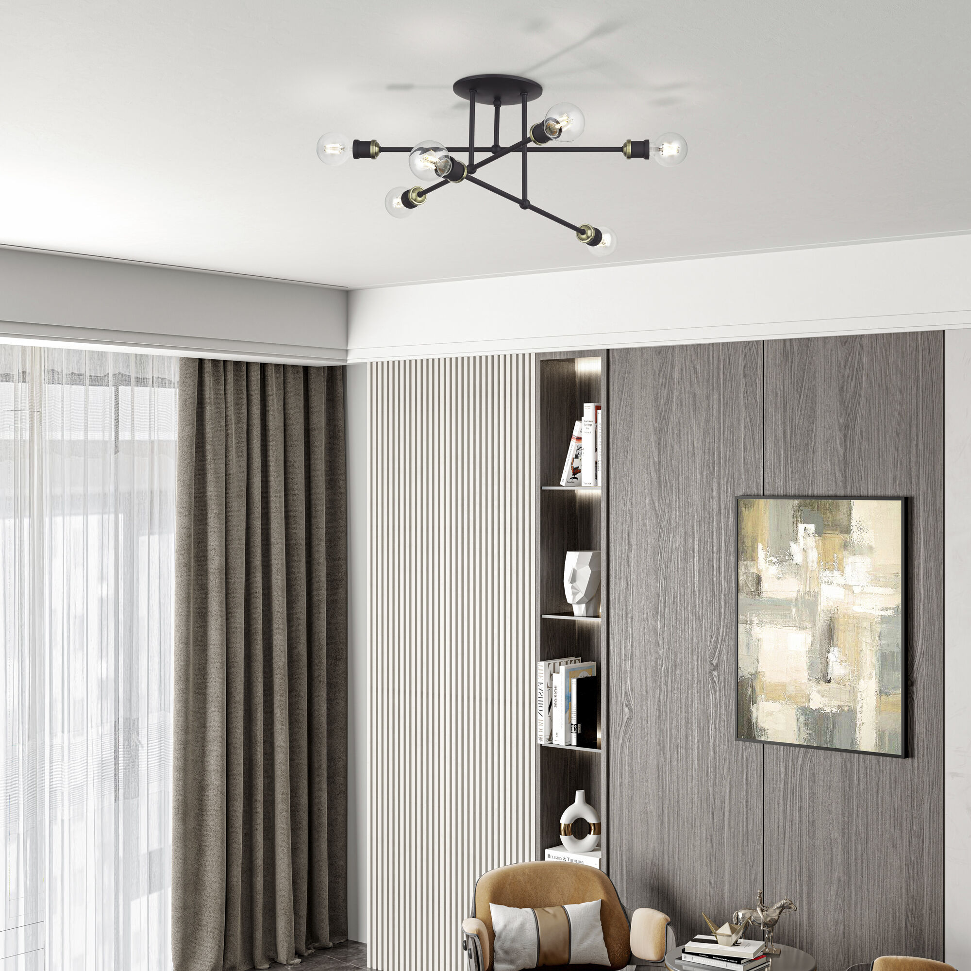 Delacroix 6 Light 28 inch Bronze with Antique Brass Accents Semi-Flush Ceiling Light