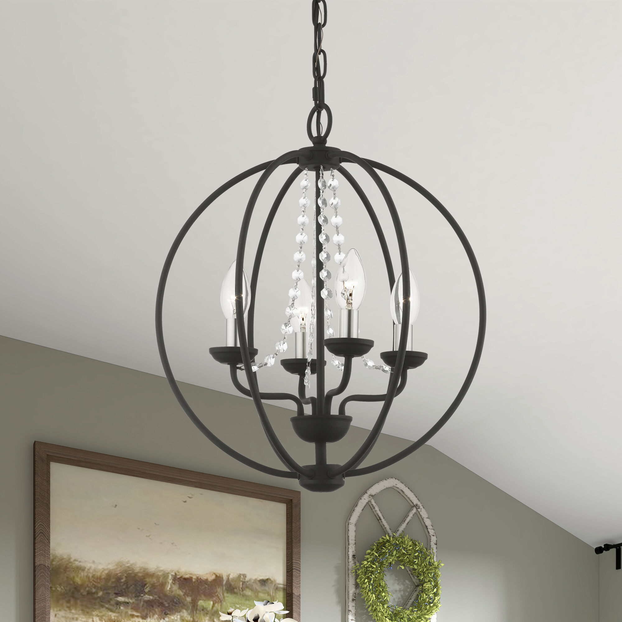 Arabella 4 Light 15 inch Black with Brushed Nickel Finish Candles Convertible Chandelier/ Semi-Flush Ceiling Light, Globe