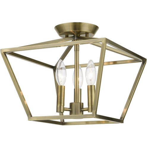 Devone 3 Light 13 inch Antique Brass Semi-Flush Ceiling Light, Square