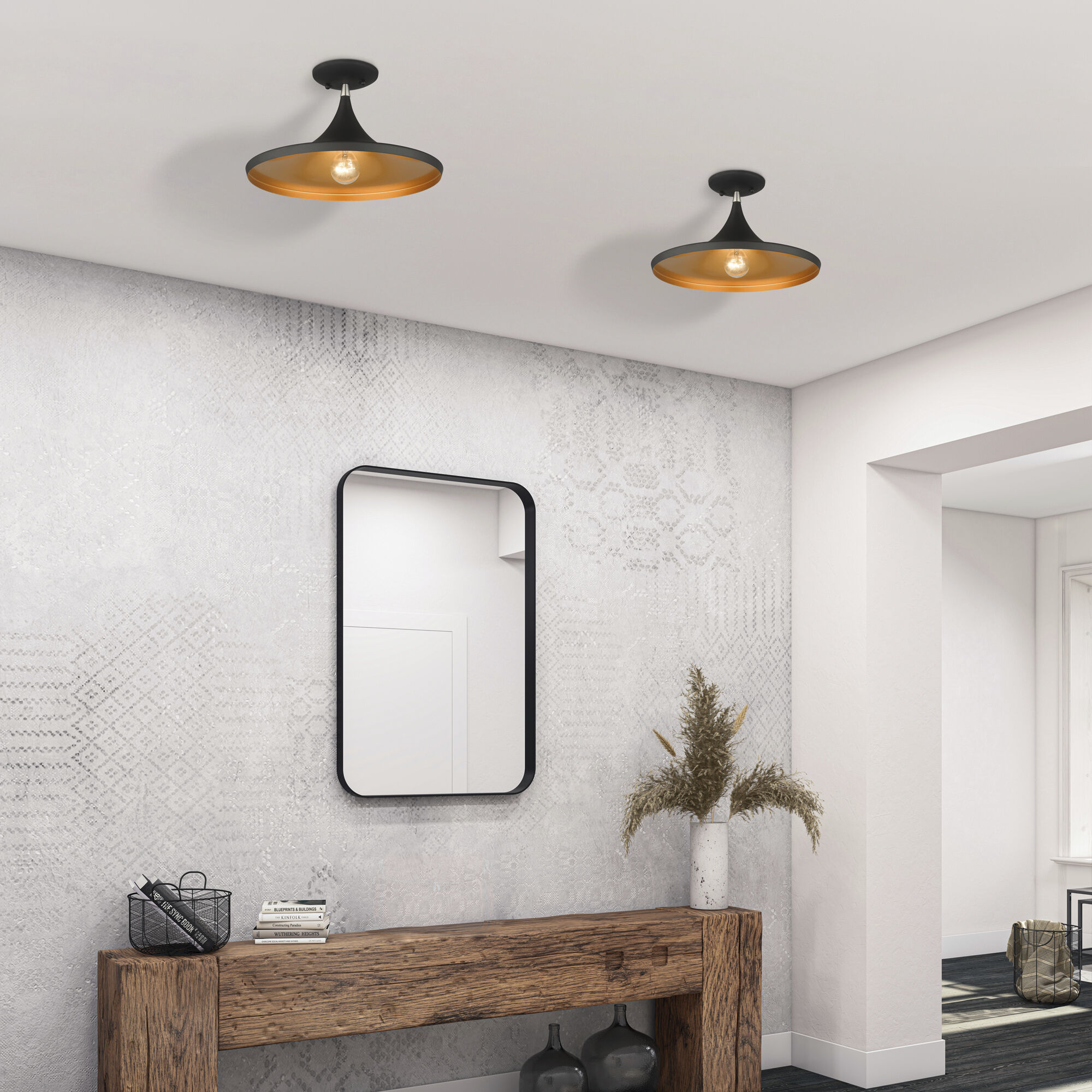 Waldorf 1 Light 14 inch Black with Brushed Nickel Finish Accents Semi-Flush Ceiling Light in Black with Brushed Nickel Accent