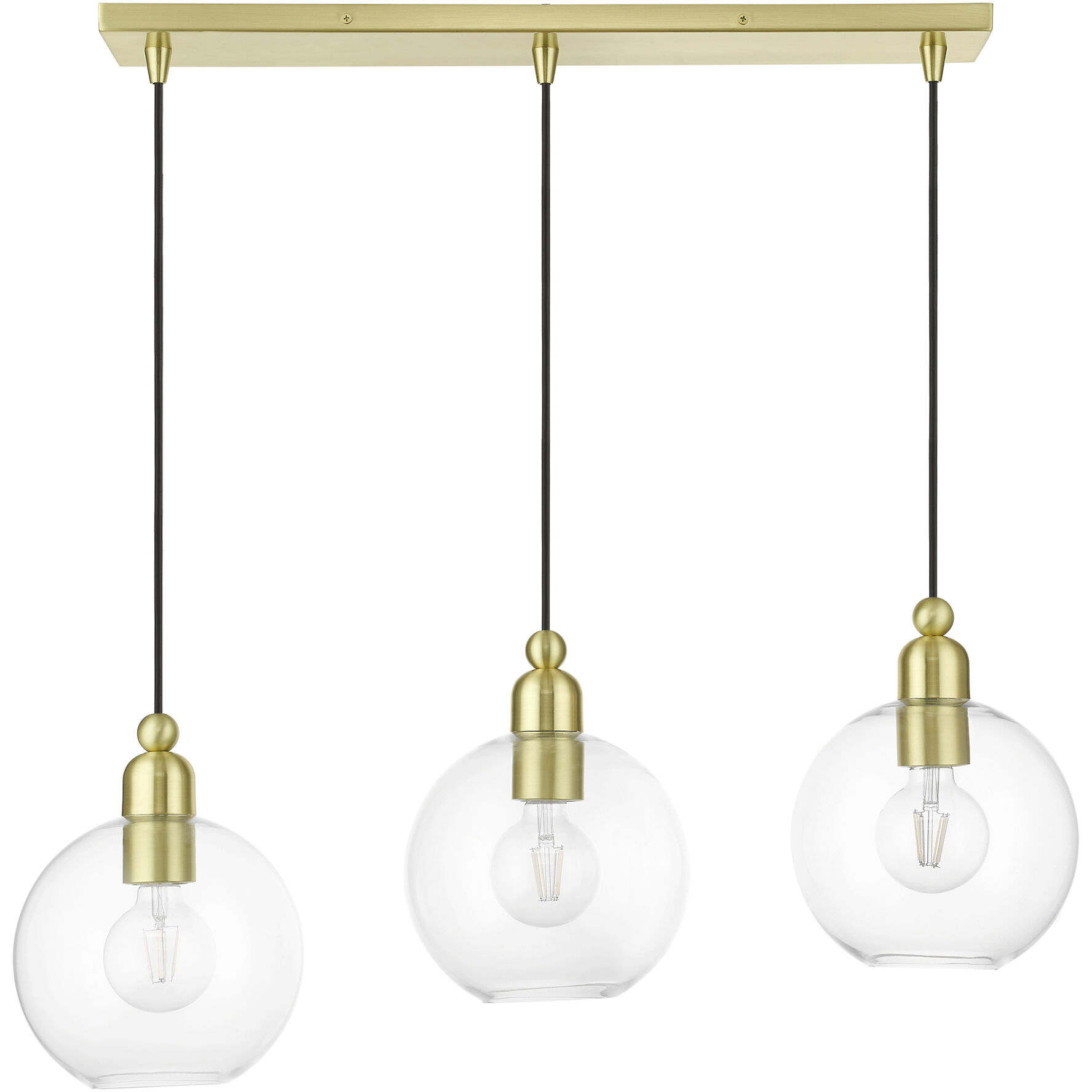 Downtown 3 Light 30 inch Satin Brass Linear Chandelier Ceiling Light, Sphere