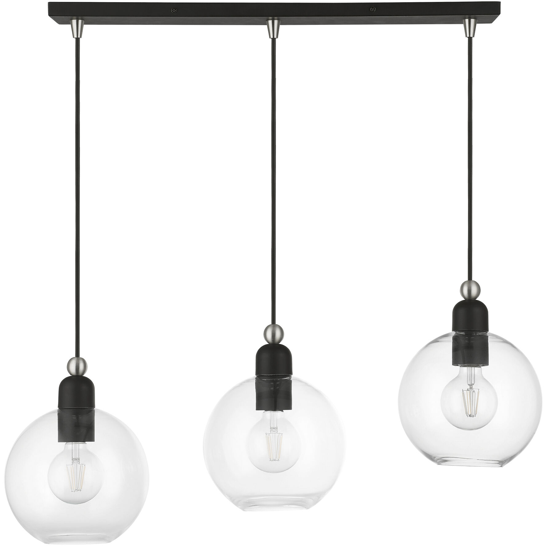 Downtown 3 Light 30 inch Black with Brushed Nickel Accents Linear Chandelier Ceiling Light, Sphere