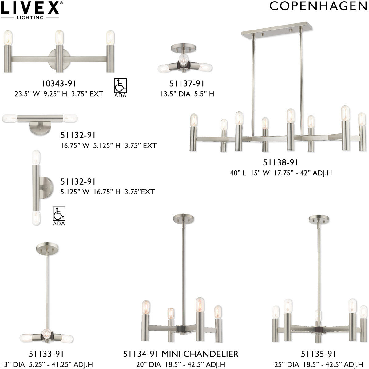 Copenhagen 8 Light 40 inch Brushed Nickel Linear Chandelier Ceiling Light