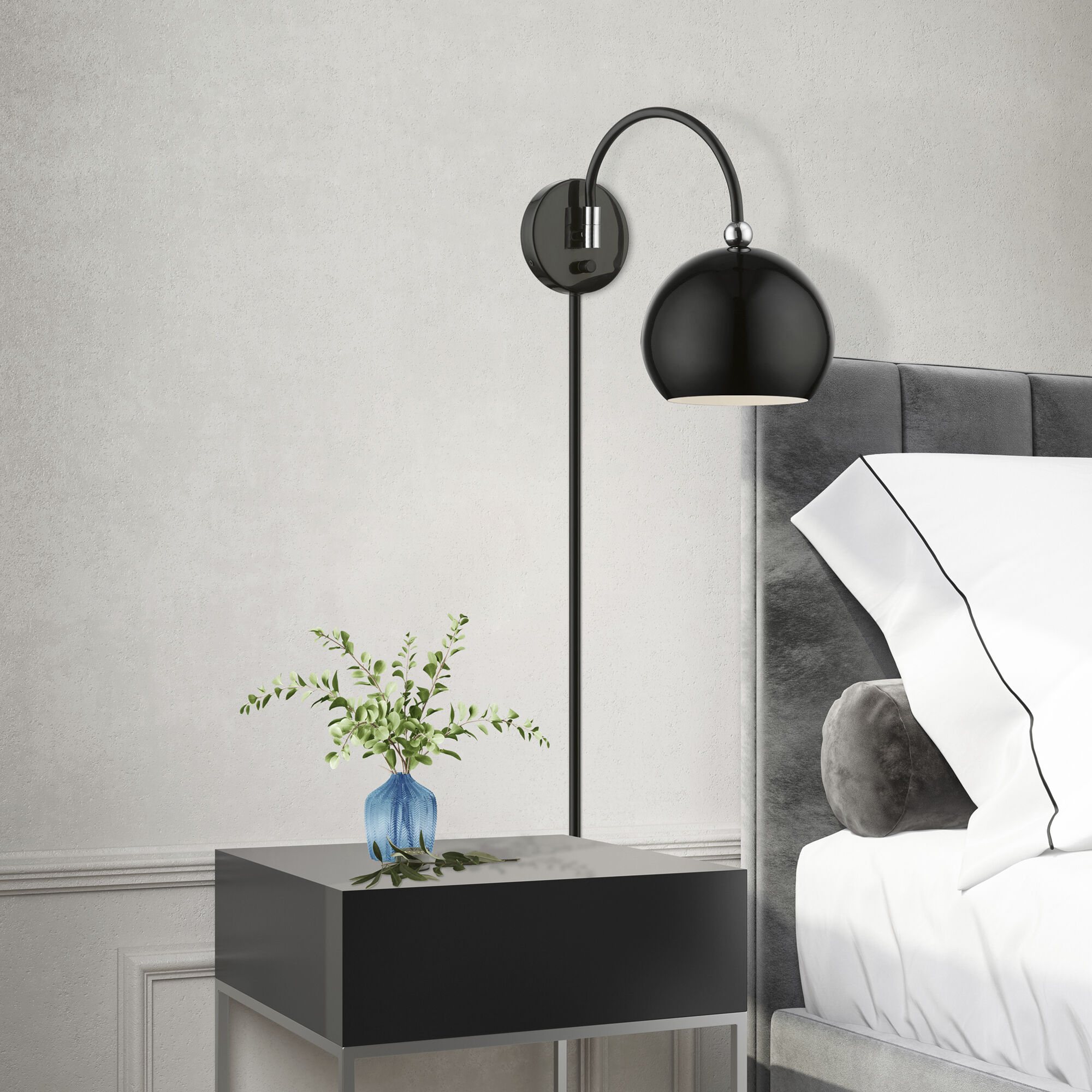 Stockton 15 inch 60.00 watt Shiny Black with Polished Chrome Accents Swing Arm Wall Lamp Wall Light