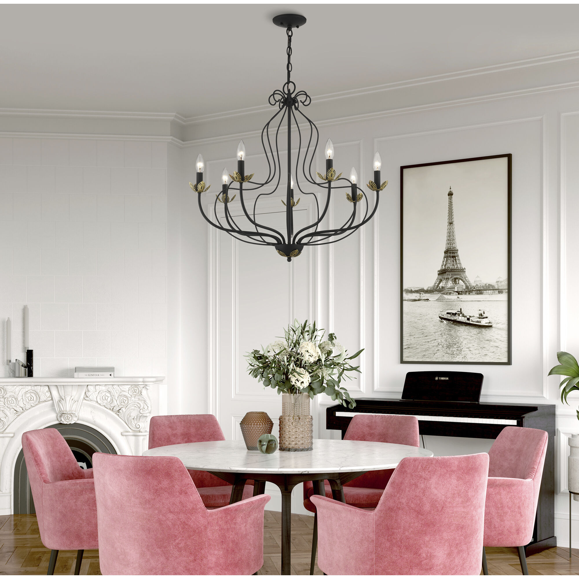 Katarina 7 Light 28 inch Black with Antique Brass Accents Chandelier Ceiling Light