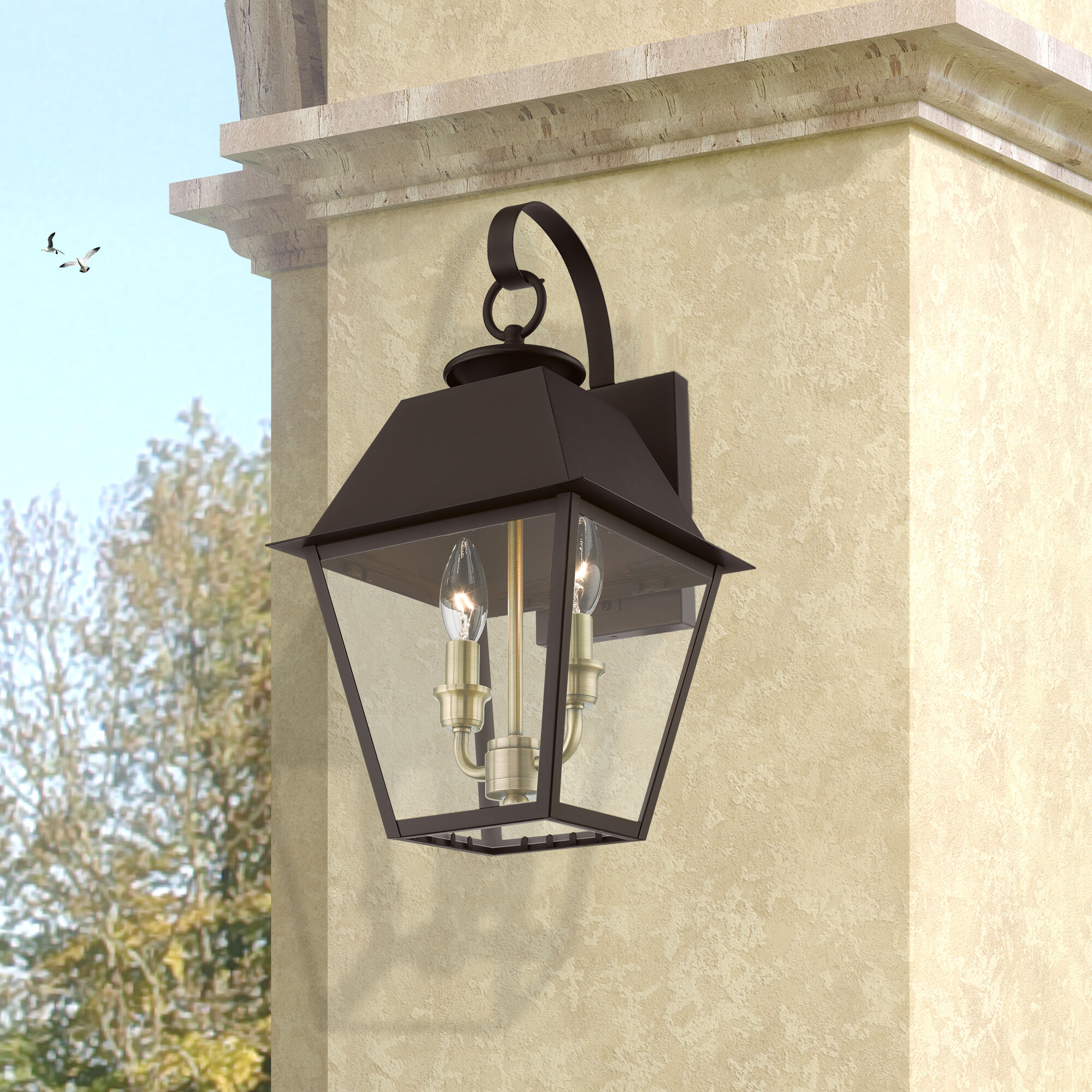 Wentworth 2 Light 17 inch Bronze with Antique Brass Finish Cluster Outdoor Wall Lantern, Medium