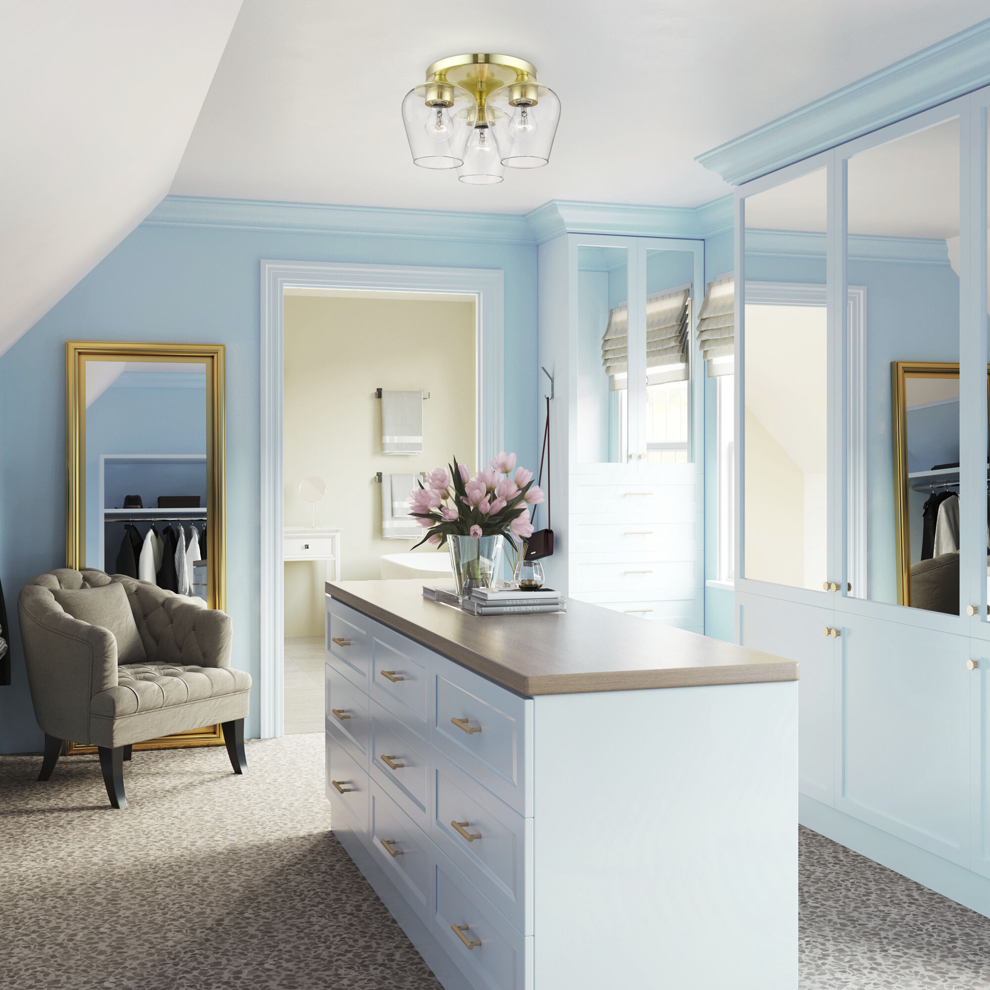 Willow 3 Light 13 inch Satin Brass Flush Mount Ceiling Light