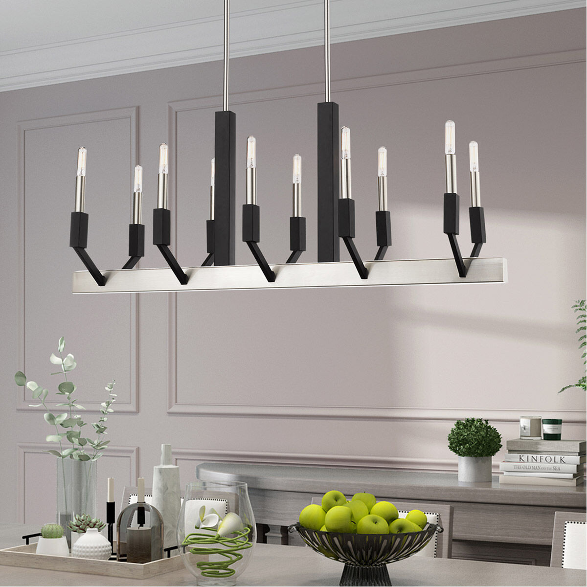 Beckett 10 Light 40 inch Brushed Nickel & Black Linear Chandelier Ceiling Light