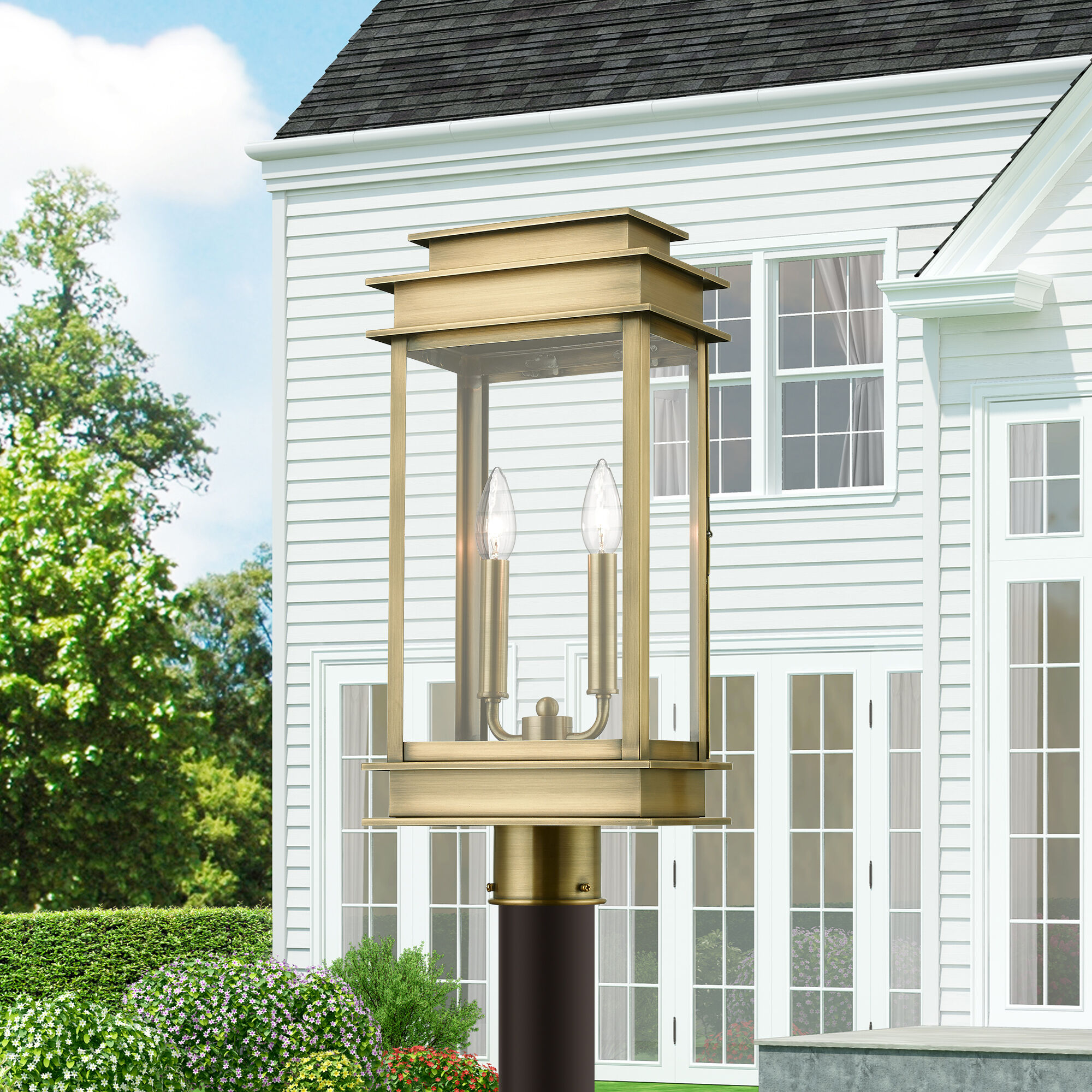Princeton 2 Light 21 inch Antique Brass with Polished Chrome Outdoor Post Top Lantern, Large