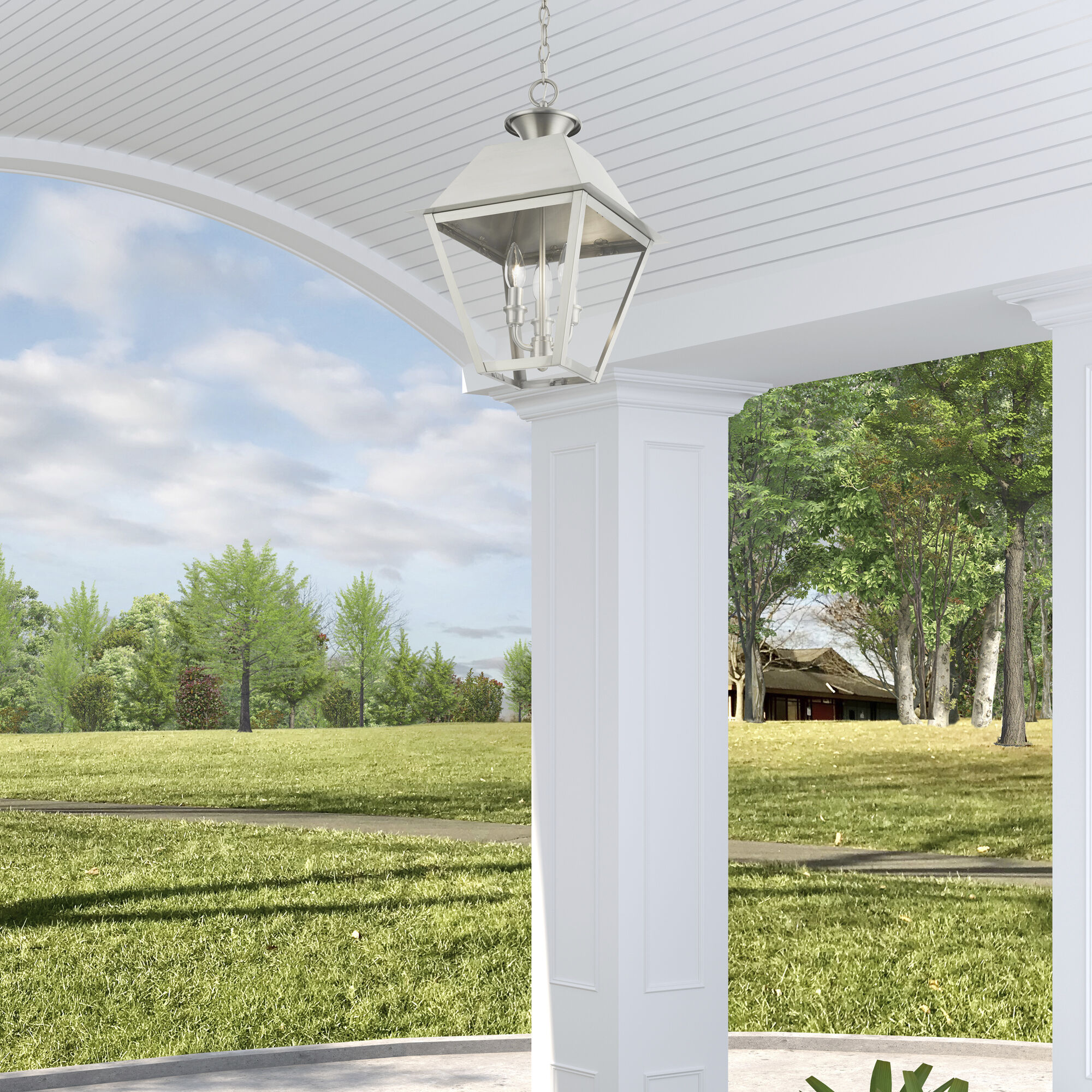 Wentworth 3 Light 12 inch Brushed Nickel Outdoor Pendant Lantern, Large
