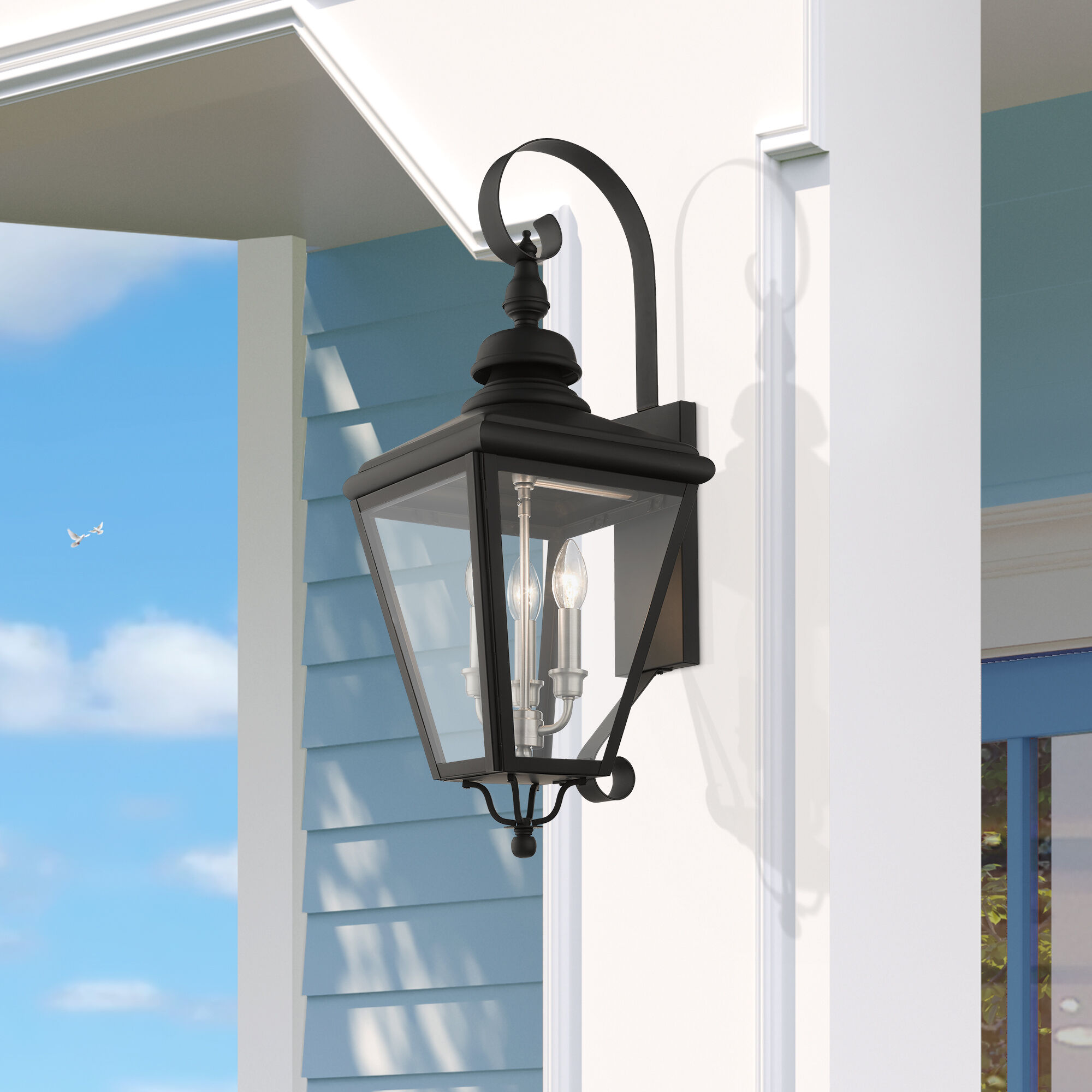 Adams 3 Light 10.63 inch Black with Brushed Nickel Finish Cluster Outdoor Large Wall Lantern Wall Light