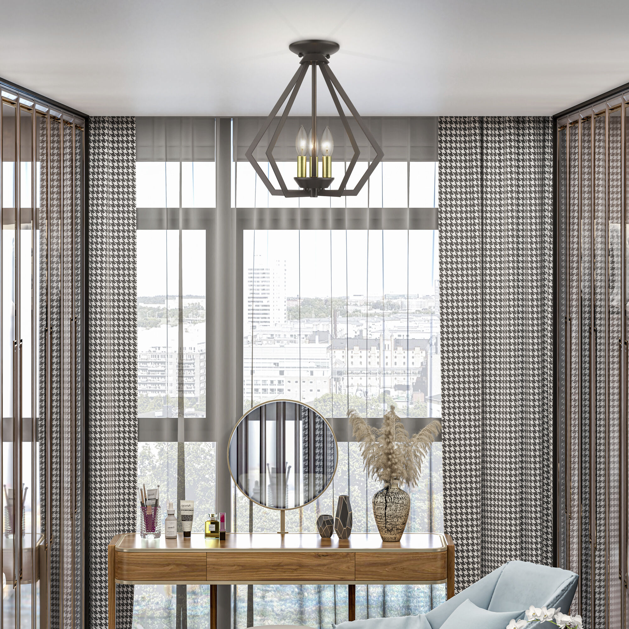 Prism 3 Light 14 inch English Bronze with Antique Brass Finish Accents Semi Flush Mount Ceiling Light