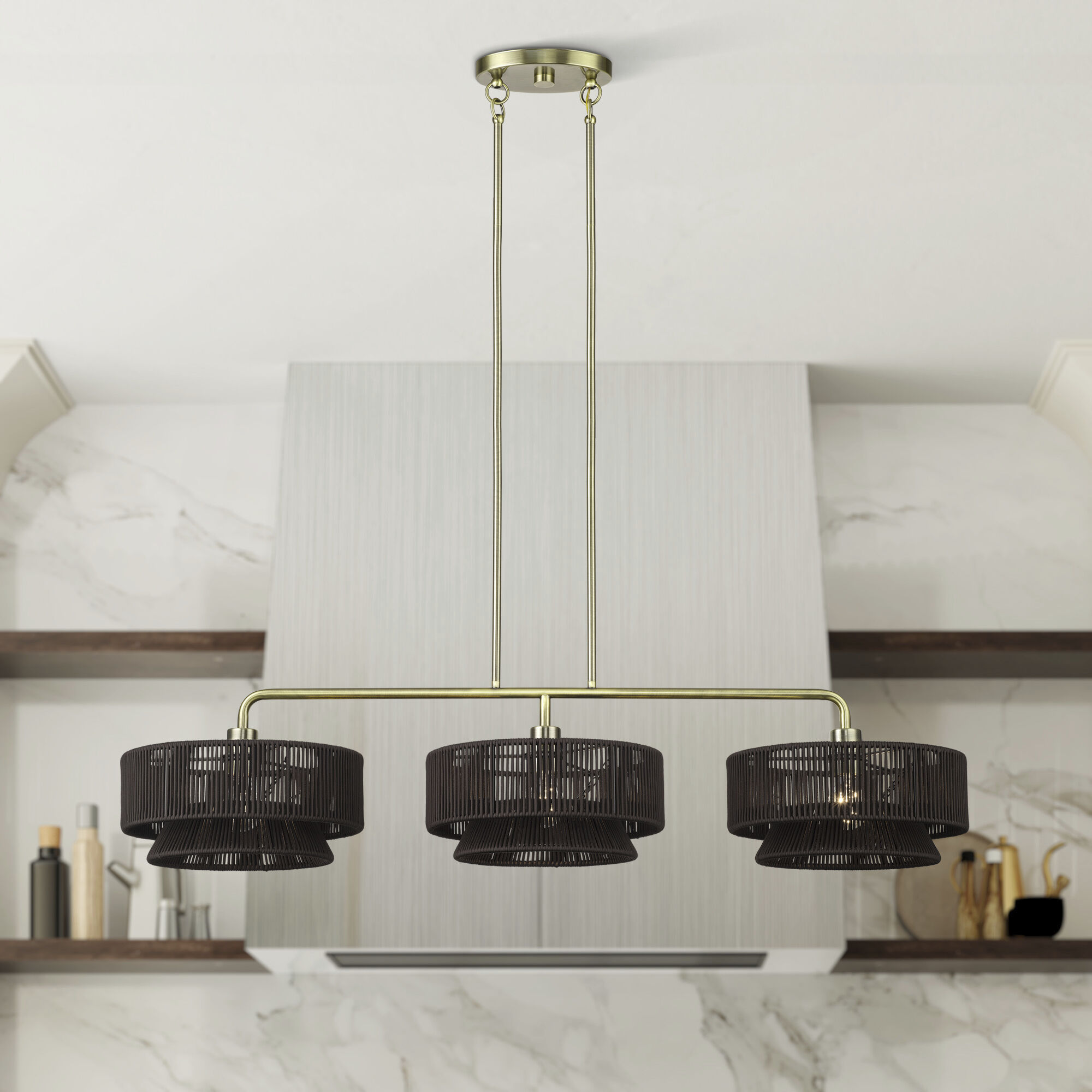 Florell 3 Light 47 inch Antique Brass Linear Chandelier Ceiling Light, Extra Large