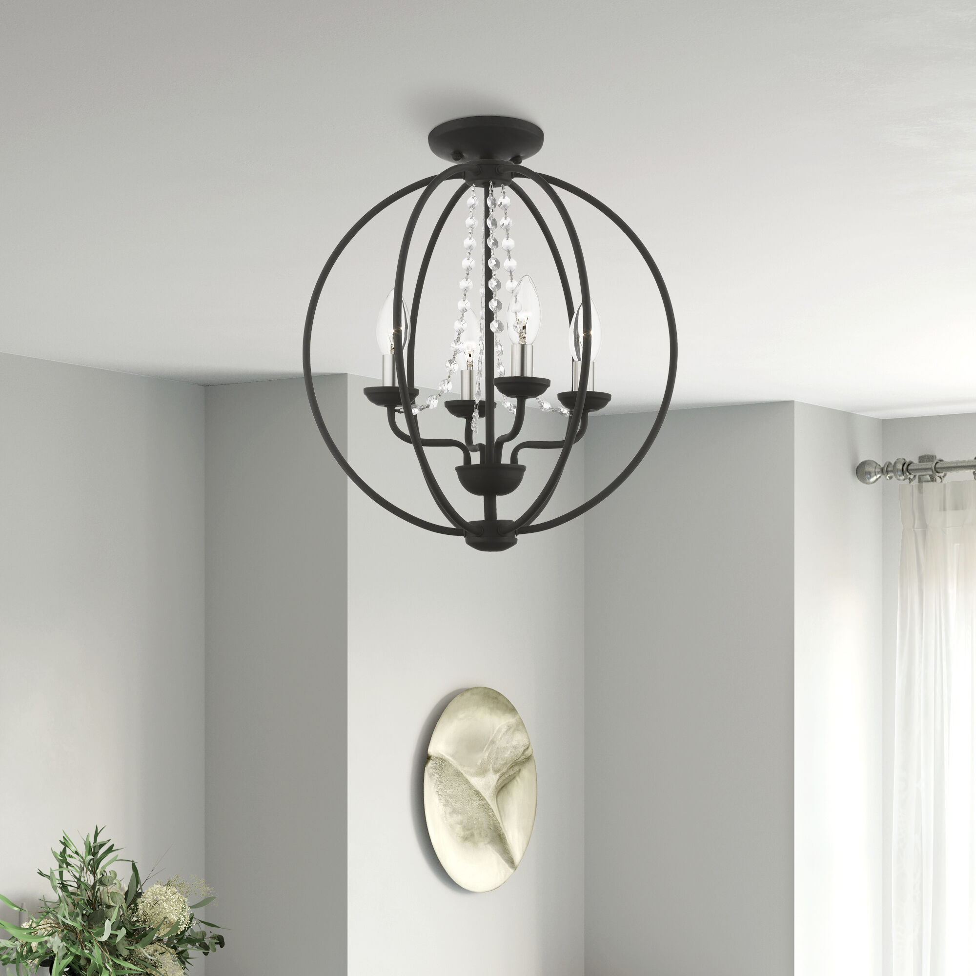 Arabella 4 Light 15 inch Black with Brushed Nickel Finish Candles Convertible Chandelier/ Semi-Flush Ceiling Light, Globe