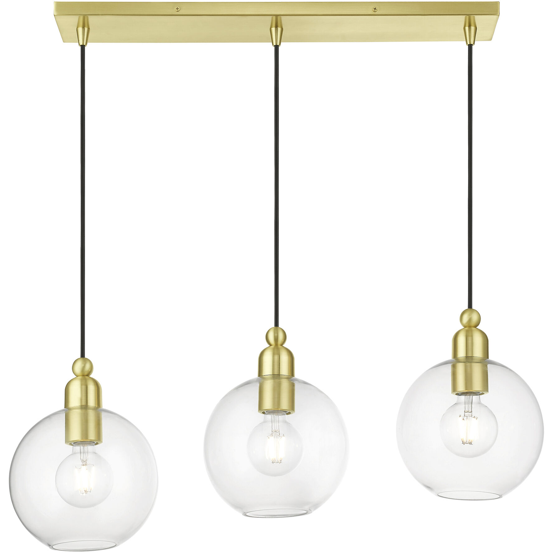 Downtown 3 Light 30 inch Satin Brass Linear Chandelier Ceiling Light, Sphere