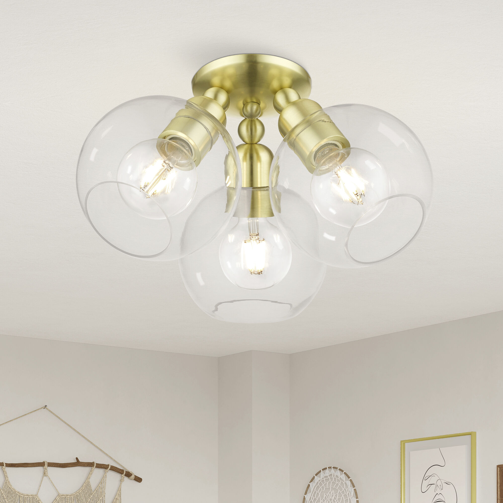 Downtown 3 Light 16 inch Satin Brass Semi-Flush Ceiling Light, Sphere