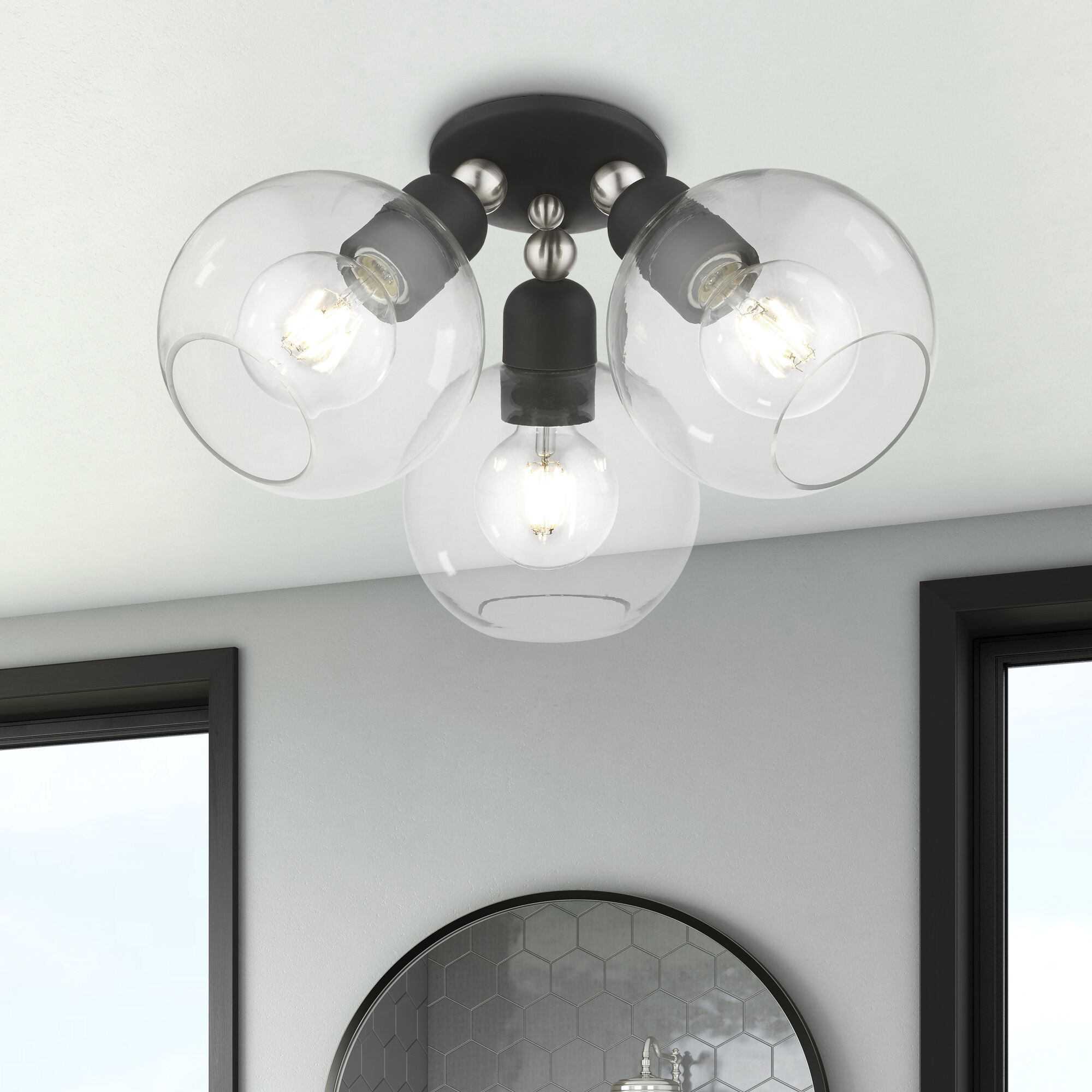 Downtown 3 Light 16 inch Black with Brushed Nickel Accents Semi-Flush Ceiling Light, Sphere