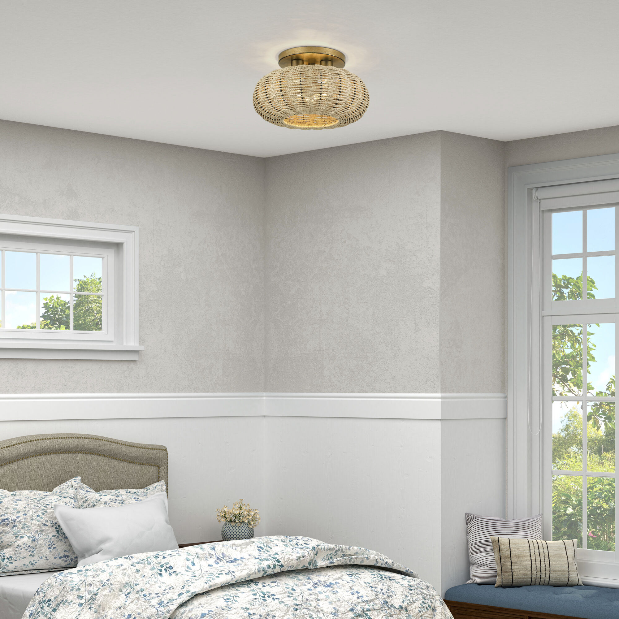 Summervine 3 Light 14 inch Antique Gold Leaf Semi Flush Mount Ceiling Light, Large