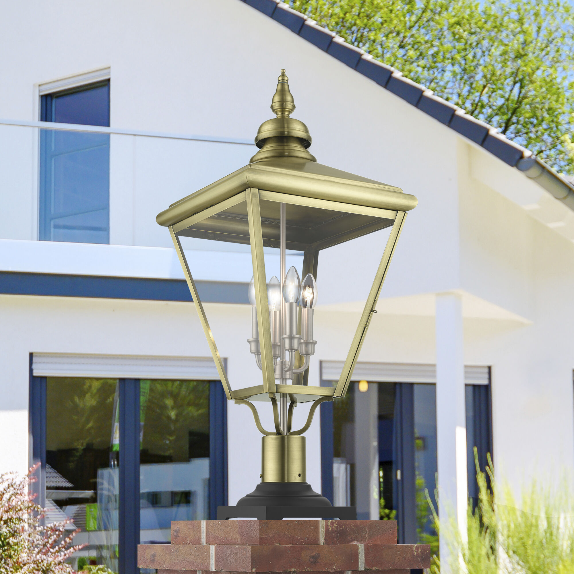 Adams 4 Light 31.5 inch Antique Brass with Brushed Nickel Finish Cluster Outdoor Extra Large Post Top Lantern