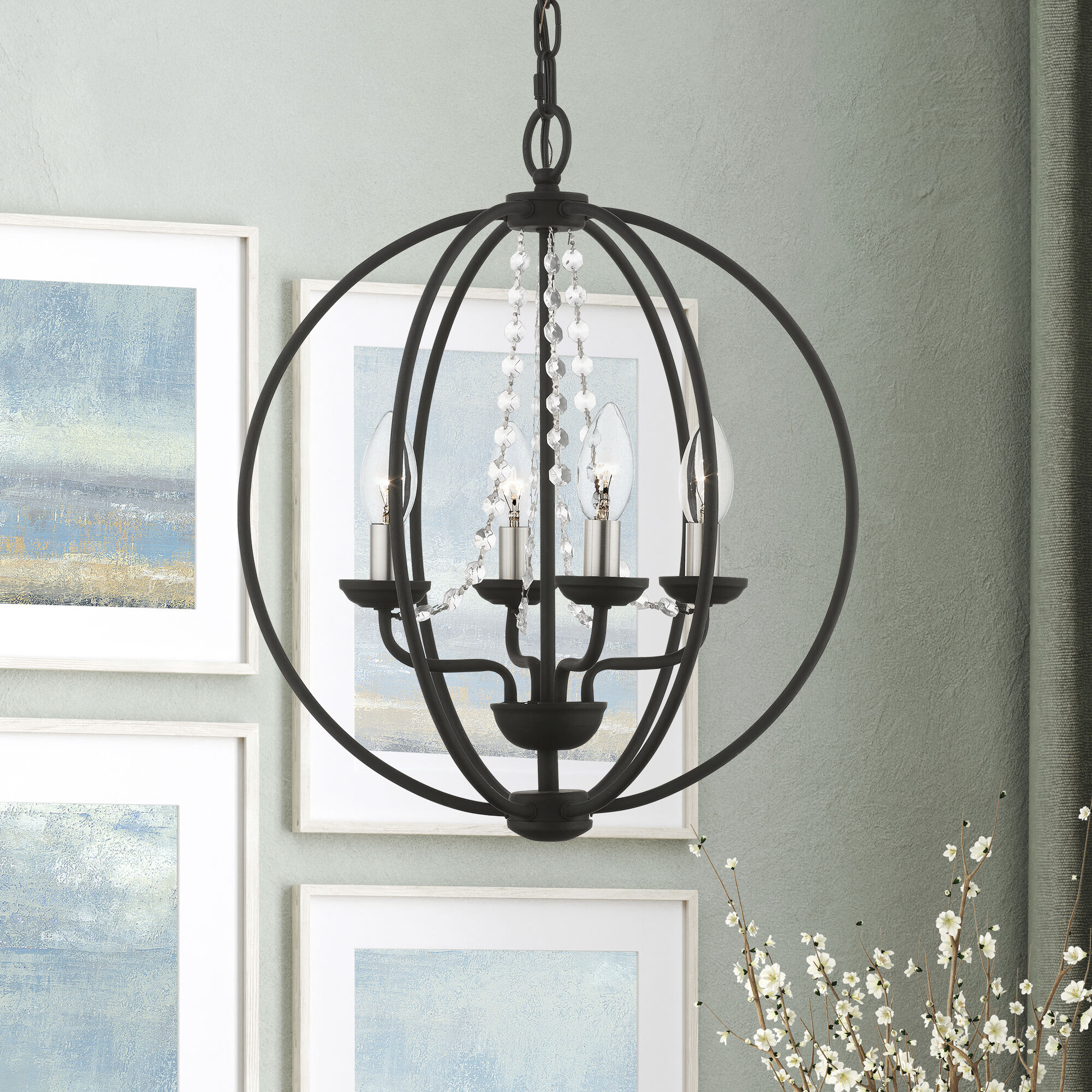 Arabella 4 Light 15 inch Black with Brushed Nickel Finish Candles Convertible Chandelier/ Semi-Flush Ceiling Light, Globe